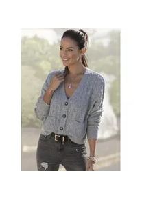 Strickjacke Lascana, Damen, Gr. 40/42, grau (grau, meliert), Strick, Obermaterial: 50% Polyacryl, 50% Polyester, meliert, figurumspielend h&uuml;ftlang, V-Ausschnitt, Rippstrickb&uuml;ndchen, Strickjacken Strickjacke, mit Zopfmuster, kuschelweicher Cardigan, l&auml;ssig
