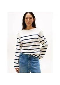 Langarmshirt Tommy Hilfiger "LWK GOLD BUTTON BOAT-NK LS TEE", Damen, Gr. M (38), ivory silk, schwarz night navy stp, Single Jersey, Obermaterial: 100% Baumwolle, gestreift, regular fit h&uuml;ftlang, U-Boot-Ausschnitt, Shirts Langarmshirt, mit goldfarbenen Knopf