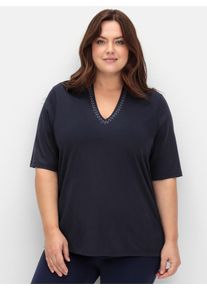 sheego Große Größen V-Shirt mit Glitzersteinchen am Ausschnitt, tiefblau, Größe 44/46 - Damen