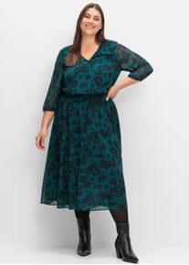 sheego Große Größen Chiffonkleid in Midi-Länge, bedruckt, tiefgrün-gemustert, Größe 58 - Damen