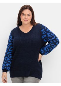 sheego Gro&szlig;e Gr&ouml;&szlig;en V-Ausschnitt-Pullover Ballon&auml;rmel mit Leo-Muster, tiefblau-gemustert, Gr&ouml;&szlig;e 44/46 - Damen