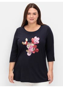 sheego Große Größen 3/4-Arm-Shirt mit Blumen-Stickerei aus Pailletten, tiefblau, Größe 40/42 - Damen