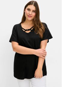 sheego Große Größen Fledermausshirt mit Zierbändern am Ausschnitt, schwarz, Größe 40/42 - Damen