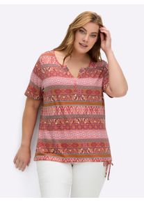 sheego Gro&szlig;e Gr&ouml;&szlig;en Kurzarmshirt im Ethno-Streifen-Dessin, papaya-terra-bedruckt, Gr&ouml;&szlig;e 54 - Damen