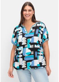 sheego Gro&szlig;e Gr&ouml;&szlig;en Druckbluse mit gestreiften B&uuml;ndchen, t&uuml;rkis-schwarz-bedruckt, Gr&ouml;&szlig;e 50 - Damen