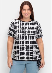 sheego Gro&szlig;e Gr&ouml;&szlig;en Kurzarmshirt mit Bindeb&auml;ndern, ecru-schwarz-bedruckt, Gr&ouml;&szlig;e 42 - Damen