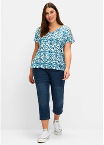 sheego Große Größen Shirt mit Ausbrennerprint und geschlitzten Ärmeln, dunkelpetrol-gemustert, Größe 44/46 - Damen