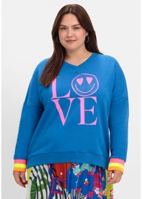 sheego loves miss goodlife sheego Gro&szlig;e Gr&ouml;&szlig;en Sweatshirt mit Frontdruck und Ringelb&uuml;ndchen, blau bedruckt, Gr&ouml;&szlig;e 42 - Damen
