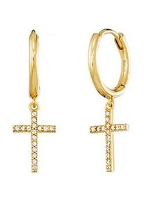 Paar Creolen Engelsrufer "Kreuz", gold (gelbgoldfarben, kristallwei&szlig;, kristallwei&szlig;), Ohrringe, Damen, Silber 925 (Sterlingsilber), Made in Germany - mit Zirkonia (synth.)