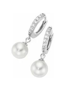 Paar Creolen Firetti "Schmuck Geschenk Silber 925 Ohrschmuck Ohrringe Klappcreolen Behang", wei&szlig; (silberfarben, kristallwei&szlig;, wei&szlig;, kristallwei&szlig;), Ohrringe, Damen, 13,5mm, Perlen Silber 925 (Sterlingsilber), Perlen, Silber 925 (Sterlingsilber), mit Zirkonia (synth.) - mit Muschelperle