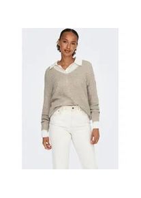 Jacqueline de Yong Strickpullover JDY "JDYNEW MEGAN L/S PULLOVER KNT NOOS", Damen, Gr. L, beige (cement detail:with schwarz ply), Strick, Obermaterial: 88% Polyacryl, 12% Polyester, unifarben, normal, V-Ausschnitt, Rippb&uuml;ndchen, Pullover Strickpullover, Topseller
