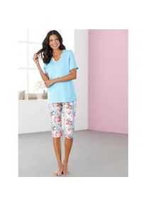 Capri-Pyjama, Damen, Gr. 48/50, blau (aqua, koralle, bedruckt), 100% Baumwolle, Homewear-Sets