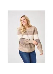 Strickpullover Only CARMAKOMA "CARNEW DARIA L/S STRIPE PULLOVER KNT", Damen, Gr. L, wei&szlig; (feather gray stripes:beige, wei&szlig;cap gray, leafless tree), Strick, Obermaterial: 50% Viskose, 27% Polyester, 23% Nylon, gestreift, h&uuml;ftbedeckend, Rundhals, Pullover Strickpullover