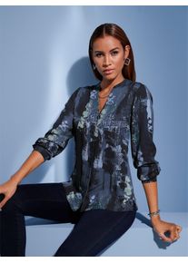 CR&Eacute;ATION L Langarmbluse CREATION L, Damen, Gr. 44, blau (ecru, dunkelblau, bedruckt), 100% Viskose, gemustert, mehrfarbig, Rundhals, Blusen Langarmbluse