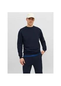 Jack & Jones Sweatshirt JACK & JONES "JJEBRADLEY mit Rippb&uuml;ndchen f&uuml;r Alltag und Freizeit", Herren, Gr. L, blau (navy blazer), angeraute Sweatware, Obermaterial: 61% Polyester, 39% Baumwolle, unifarben, relaxed fit normal, Rundhals, Rippb&uuml;ndchen, Sweatshirts Sweatshirt, Materialmix, relaxed fit