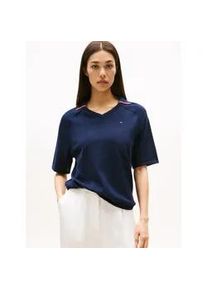 Strickpullover Tommy Hilfiger "CO JERSEY STCH POLO V-NK S/S SWT", Damen, Gr. S (36), blau (schwarz night navy gs), Strick, Obermaterial: 100% Baumwolle, unifarben, regular fit, V-Ausschnitt, Pullover Strickpullover