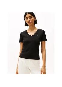 T-Shirt Tommy Hilfiger "SLIM CODY V-NK SS mit V-Ausschnitt und Streifen", Damen, Gr. XL (42), schwarz, Jersey, Obermaterial: 100% Baumwolle, unifarben, slim fit h&uuml;ftlang, tiefer V-Ausschnitt, abgesteppt, Shirts T-Shirt, Baumwolle, slim fit