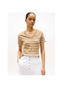 T-Shirt Tommy Hilfiger "SLIM CODY V-NK SS mit V-Ausschnitt und Streifen", Damen, Gr. XL (42), beige (hickory, ecru stp), Jersey, Obermaterial: 100% Baumwolle, gestreift, slim fit h&uuml;ftlang, tiefer V-Ausschnitt, abgesteppt, Shirts T-Shirt, Baumwolle, slim fit