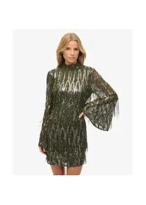 Superdry f&uuml;r Damen. W8011989A Gr&uuml;nes Minikleid mit Pailletten und Fransen (M), Party, Polyester, Langarm