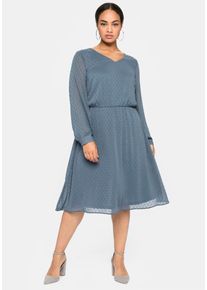 Abendkleid sheego "Abendkleid", Damen, Gr. 54, Normalgr&ouml;&szlig;en, blau (stahlblau), 100% Polyester, gemustert, unifarben, knielang, V-Ausschnitt, Kleider Abendkleid