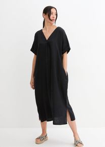 bonprix Kaftan-Kleid aus reinem Leinen, schwarz, Gr.36, modernen Leinenkleid mit weiter Passform und tiefem V-Ausschnitt, aus Leinen