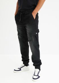 bonprix Regular-Fit Jeans-Jogger mit Dehnbund Straight, schwarz, Gr.62, Joggpants aus elastischem Baumwollstoff mit Cargotaschen und angesagtem Used-Effekt, 73% Baumwolle