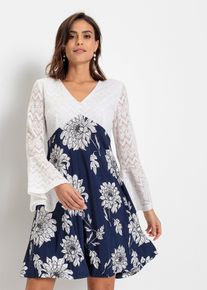 bonprix Jerseykleid mit Spitze, beige, Gr.32/34 (XS), Verspielt und Feminin: Boho-Kleid mit Spitzen-Einsatz im Oberteil und Jersey-Rock, mit seinem Allover-Druck macht es jedes Teil zu einem Unikat.