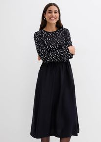 bonprix Kleid im Materialmix aus reiner Baumwolle, schwarz, Gr.48/50 (XL), Jerseyqualit&auml;t aus Baumwolle am Oberteil sowie gewebte Baumwollqualit&auml;t an der Rockpartie, aus 100% Baumwolle