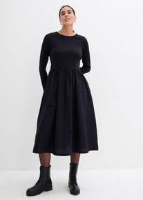 bonprix Kleid im Materialmix aus reiner Baumwolle, schwarz, Gr.48/50 (XL), Jerseyqualit&auml;t aus Baumwolle am Oberteil sowie gewebte Baumwollqualit&auml;t an der Rockpartie, aus 100% Baumwolle