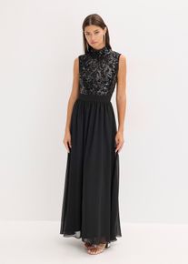 bonprix Maxikleid, schwarz, Gr.50, Modern und feminin: Abendkleid aus zartem T&uuml;ll mit Stehkragen und Paillettenstickerei im Oberteil