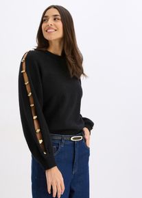 bonprix Pullover mit Metall-Perlen, schwarz, Gr.36/38 (S), Pullover mit Rundhalsausschnitt und langen &Auml;rmeln mit Schlitz und Applikation aus goldfarbenen Metall-Perlen