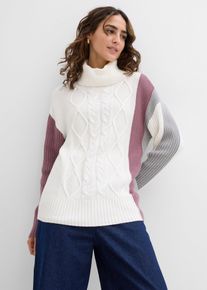 bonprix Rollkragenpullover, wei&szlig;, Gr.44/46 (L), Modischer Zopfstrick-Pullover mit Rollkragen, 50% Baumwolle