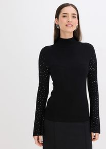 bonprix Feinstrickpullover mit verzierten Trompeten&auml;rmeln, schwarz, Gr.40/42 (M), femininer Pullover mit Strass-verzierten Trompeten&auml;rmeln