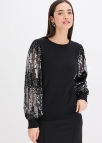 bonprix Feinstrickpullover mit Pailletten-&Auml;rmeln, schwarz, Gr.36/38 (S), modischer Pullover mit leicht volumin&ouml;sen Pailletten-&Auml;rmeln
