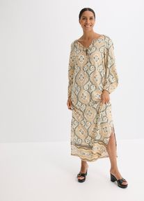 bonprix bedrucktes Kaftan-Kleid aus flie&szlig;ender Viskose, beige, Gr.50, sommerliches Kaftan-Kleid in Maxil&auml;nge aus flie&szlig;ender Viskose mit zwei kleinen Bindeb&auml;ndern vorne am Ausschnitt, aus Viskose