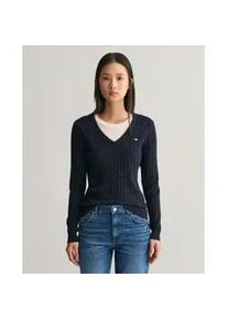 Gant f&uuml;r Damen. 4800101 Strickpullover mit V-Ausschnitt aus Stretch-Baumwolle in navy mit geripptem V-Ausschnitt (XS), L&auml;ssig, Langarm, Mari