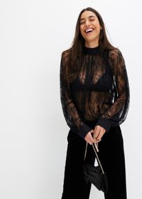 bonprix Spitzenbluse mit leichter Transparenz, schwarz, Gr.50, Stylische Bluse in transparenter Optik