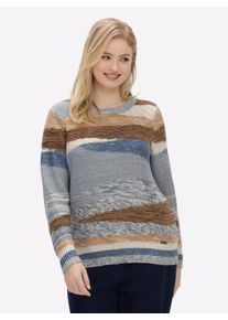 sheego Gro&szlig;e Gr&ouml;&szlig;en Strickpullover mit farbigen Rippb&uuml;ndchen, jeansblau-taupe-gemustert, Gr&ouml;&szlig;e 38 - Damen