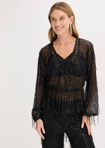 bonprix Pailletten-Bluse mit Fransen, schwarz, Gr.40, Pailletten-Bluse aus leicht elastischem Material mit Pailletten-Fransen und tiefem Ausschnitt vorne. Ungef&uuml;ttert.