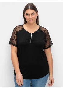 sheego Gro&szlig;e Gr&ouml;&szlig;en Spitzenshirt mit transparenten &Auml;rmeln, schwarz, Gr&ouml;&szlig;e 46 - Damen
