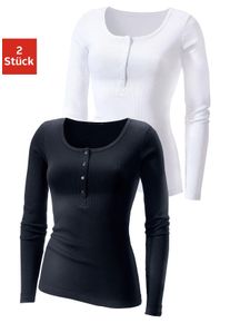 H.I.S. Langarmshirt H.I.S "mit kurzer Knopfleiste", Damen, Gr. 48/50, schwarz-wei&szlig; (schwarz, wei&szlig;), Feinripp, Obermaterial: 100% Baumwolle, unifarben, Basic, k&ouml;rpernah, tiefer Rundhals, Shirts Langarmshirt, aus modischer Rippqualit&auml;t, Topseller