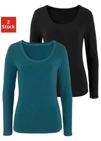 Langarmshirt Vivance "aus elastischer Baumwoll-Qualit&auml;t", Damen, Gr. 32/34, gr&uuml;n (petrol, schwarz), Single Jersey, Obermaterial: 95% Baumwolle, 5% Elasthan, unifarben, Basic, bequem normal, tiefer Rundhals, Shirts Langarmshirt, Topseller