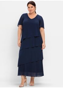 Cocktailkleid sheego "Abendkleid", Damen, Gr. 46, Normalgr&ouml;&szlig;en, blau (marine), Chiffon, 100% Polyester, unifarben, lang, V-Ausschnitt, Kleider Cocktailkleid