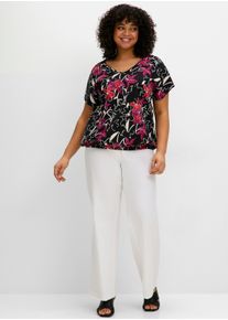 sheego Große Größen V-Shirt mit geschlitzten Ärmeln, schwarz-gemustert, Größe 52/54 - Damen