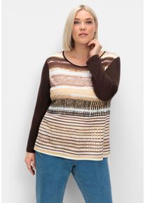sheego Gro&szlig;e Gr&ouml;&szlig;en Langarmshirt mit grafischem Muster vorne, mokka-gestreift, Gr&ouml;&szlig;e 36 - Damen