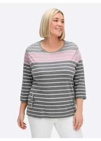 sheego Große Größen 3/4-Arm-Shirt mit 2 imitierten Taschen, grau-rosé-gestreift, Größe 42 - Damen