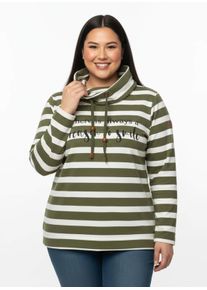 sheego Gro&szlig;e Gr&ouml;&szlig;en Sweatshirt mit elastischem Saum, oliv-ecru-geringelt, Gr&ouml;&szlig;e 46 - Damen