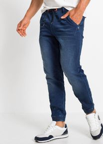 bonprix Regular Fit Jeans-Jogger mit Dehnbund Straight, blau, Gr.64, Trendige Sweatjeans-Joggpants in Crinkle-Optik und Kontrastdetails., 73% Baumwolle