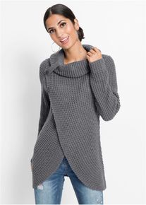 bonprix Grobstrick-Pullover, grau, Gr.36/38 (S), Stylischer Rollkragenpullover in Wickeloptik