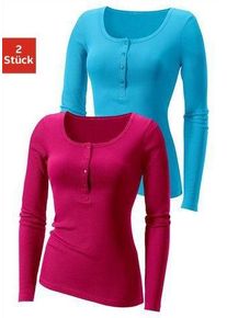 H.I.S. Langarmshirt H.I.S "mit kurzer Knopfleiste", Damen, Gr. 48/50, bunt (pink, petrol), Feinripp, Obermaterial: 100% Baumwolle, unifarben, Basic, k&ouml;rpernah, tiefer Rundhals, Shirts Langarmshirt, aus modischer Rippqualit&auml;t, Topseller